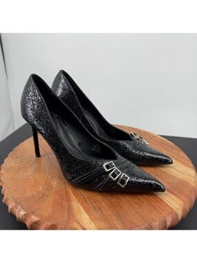 Zara black high-heel pumps pointed toe crackle silver buckled straps 37 6.5